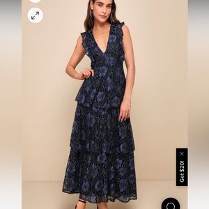 Molinetto Navy Blue Lace Ruffled Tiered Sleeveless Maxi Dress- Size Large, Blue